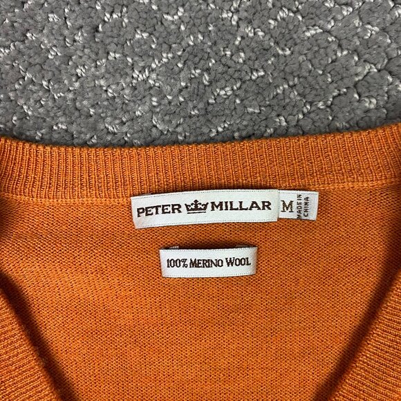 Peter Millar Sweater Men's Medium Orange Extra Fine Merino Wool Knit Golf V Neck - Picture 3 of 10
